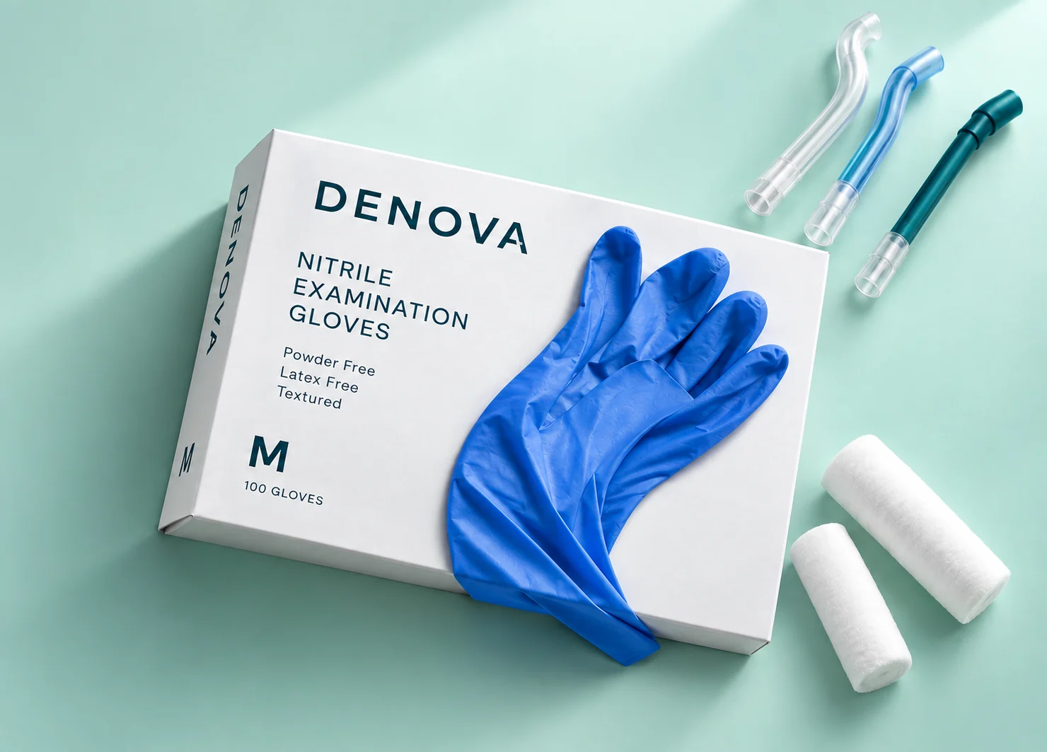 A DENOVA nitrile examination glove box with a blue glove laid across it, beside cotton rolls and three saliva ejector tips, on a mint surface.