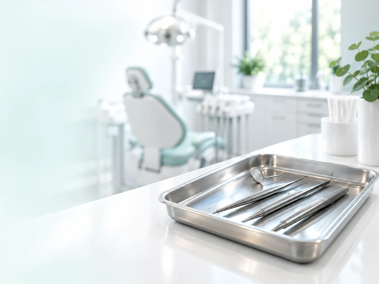 A bright dental surgery with a stainless instrument tray on the worktop and the treatment chair softly out of focus behind it.