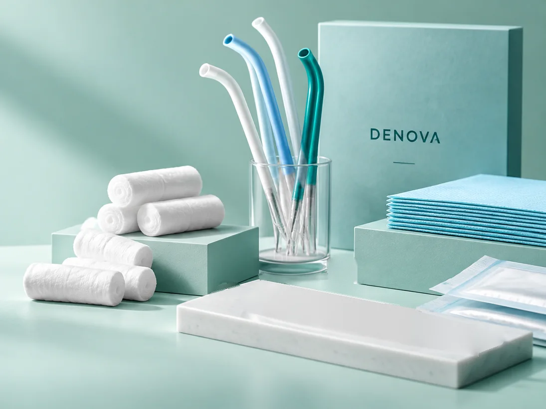 Cotton rolls, suction tips in a glass, blue tray liners and sterilisation pouches arranged on a mint studio counter beside a DENOVA box and an empty marble plinth.